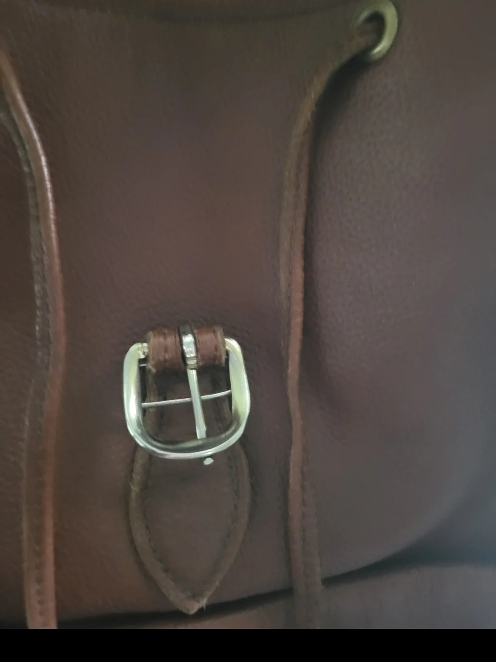 Leather Unisex Drawstring Backpack Brown with Front Buckle Pockets Extra Large